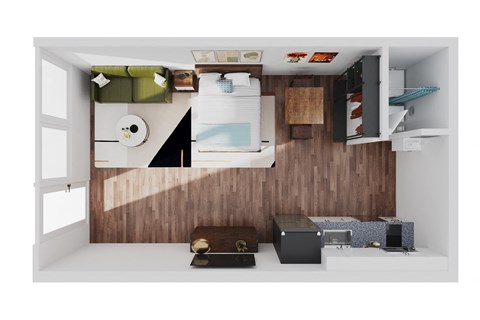 a floor plan of a studio apartment with a kitchen and living room